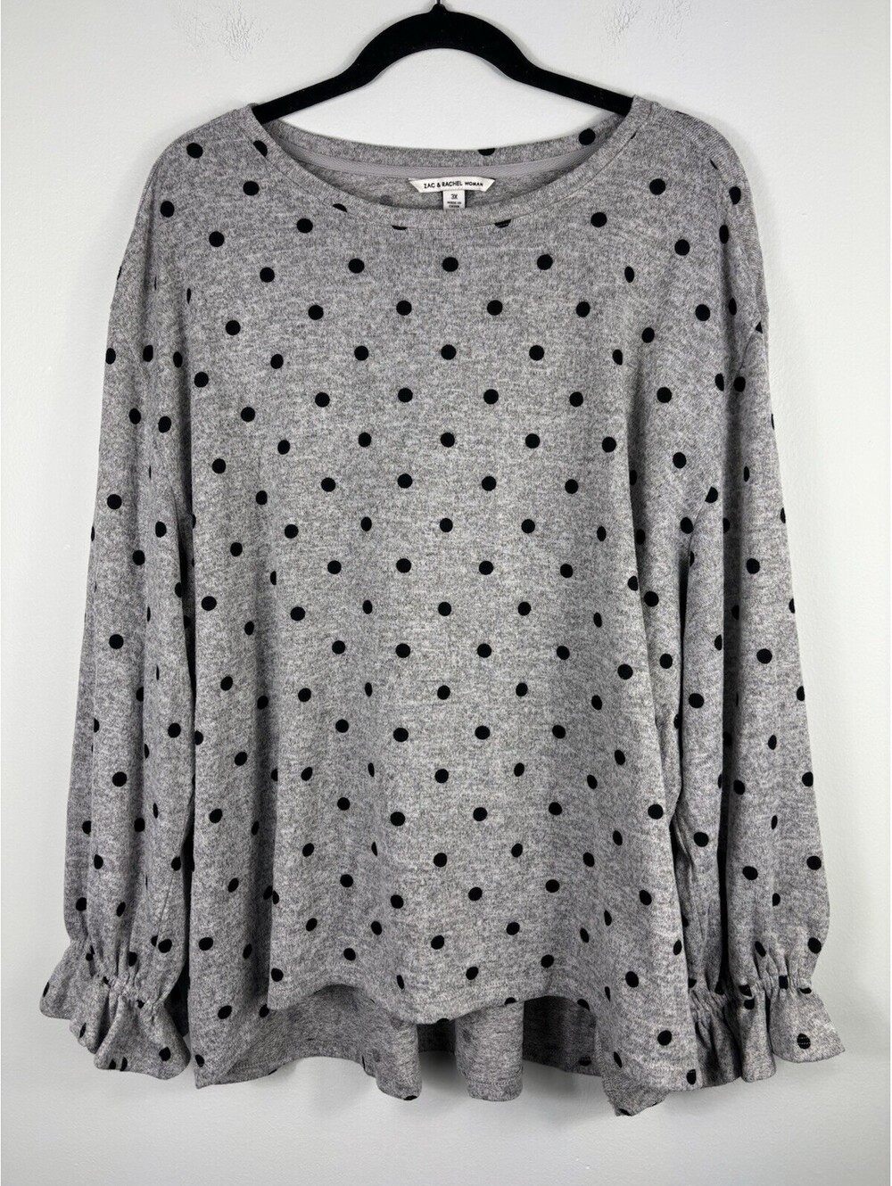 Zac and Rachel Women’s Grey Pullover Black Polka Dot Ruffle Sleeve Sz 3X